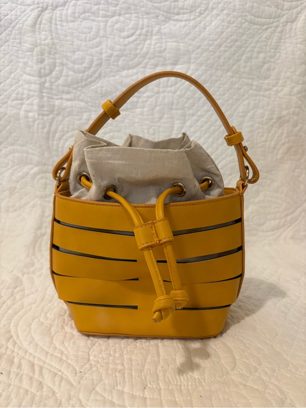 Free People Mustard Yellow Slit Bucket Bag with Drawstring